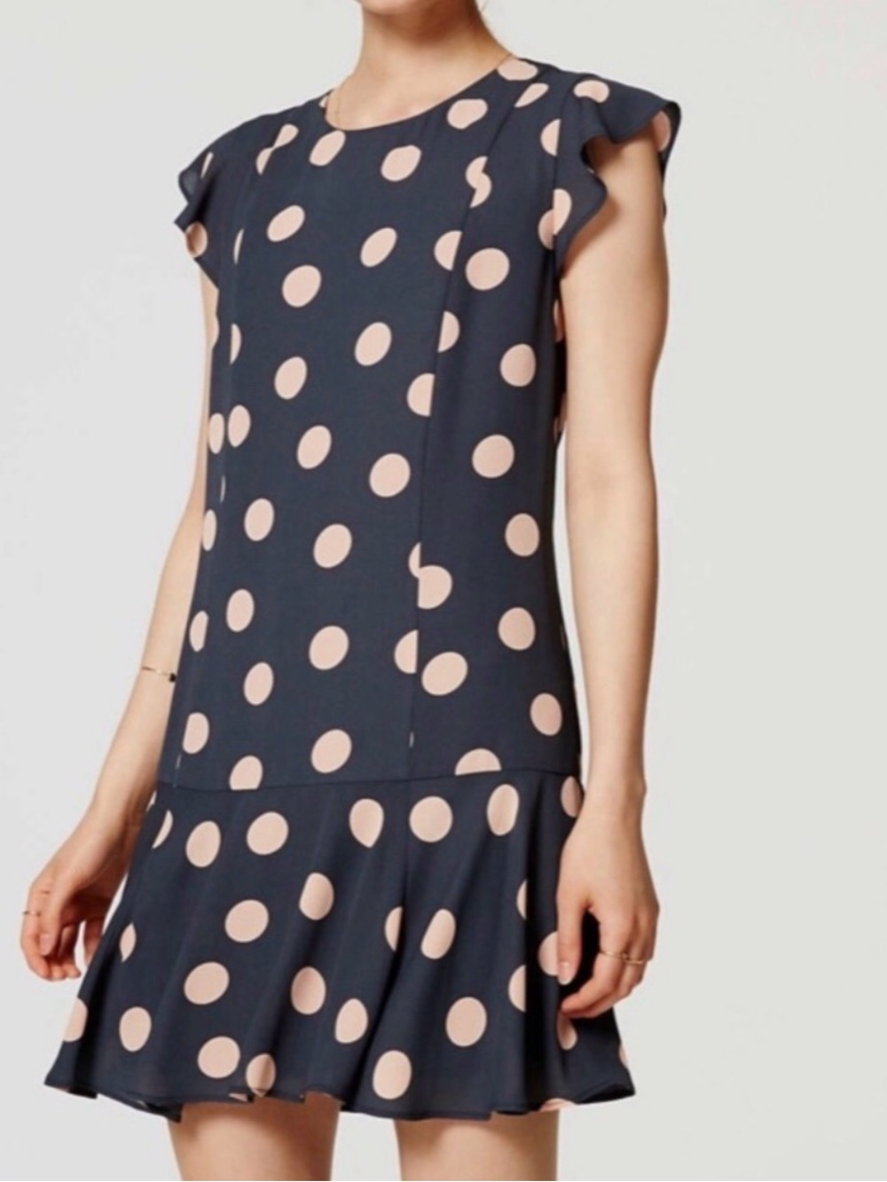 LOFT Navy Dress with Blush Pink Polka Dots